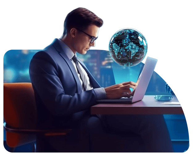 Professional working on a laptop beneath a digital globe representing global AI connectivity