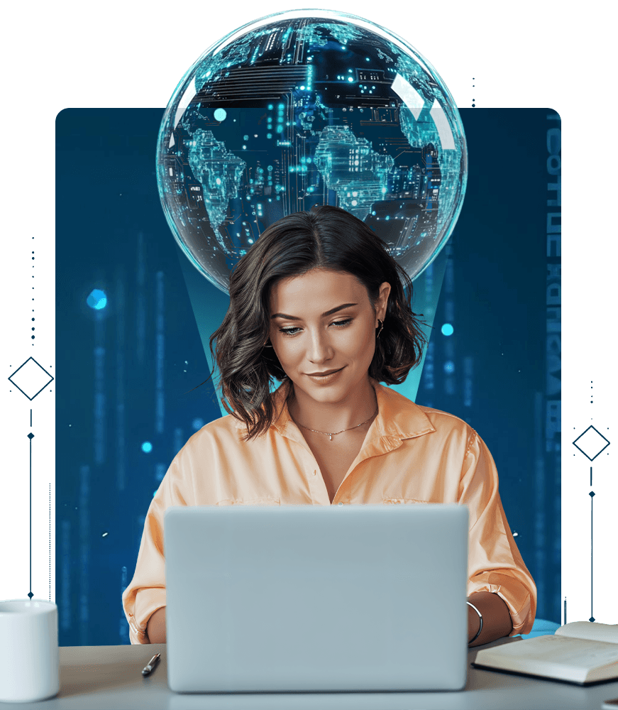 Woman working on a laptop beneath a digital globe representing global AI connectivity