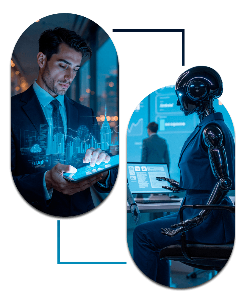 Woman working on a laptop beneath a digital globe representing global AI connectivity