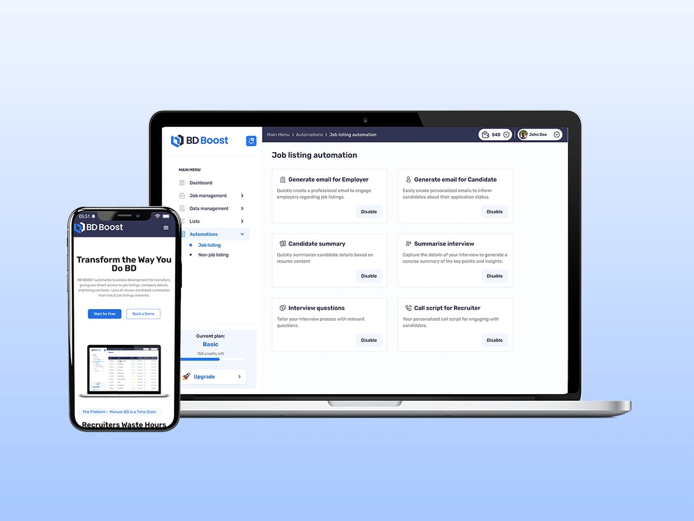 BD Boost recruitment automation platform on laptop and phone