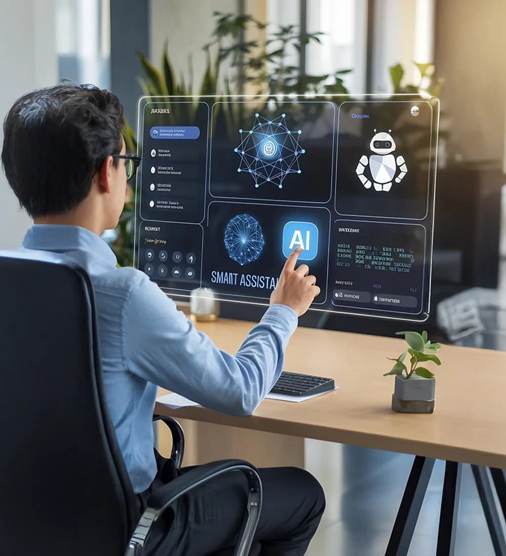 AI dashboard on a desktop screen in a modern workspace