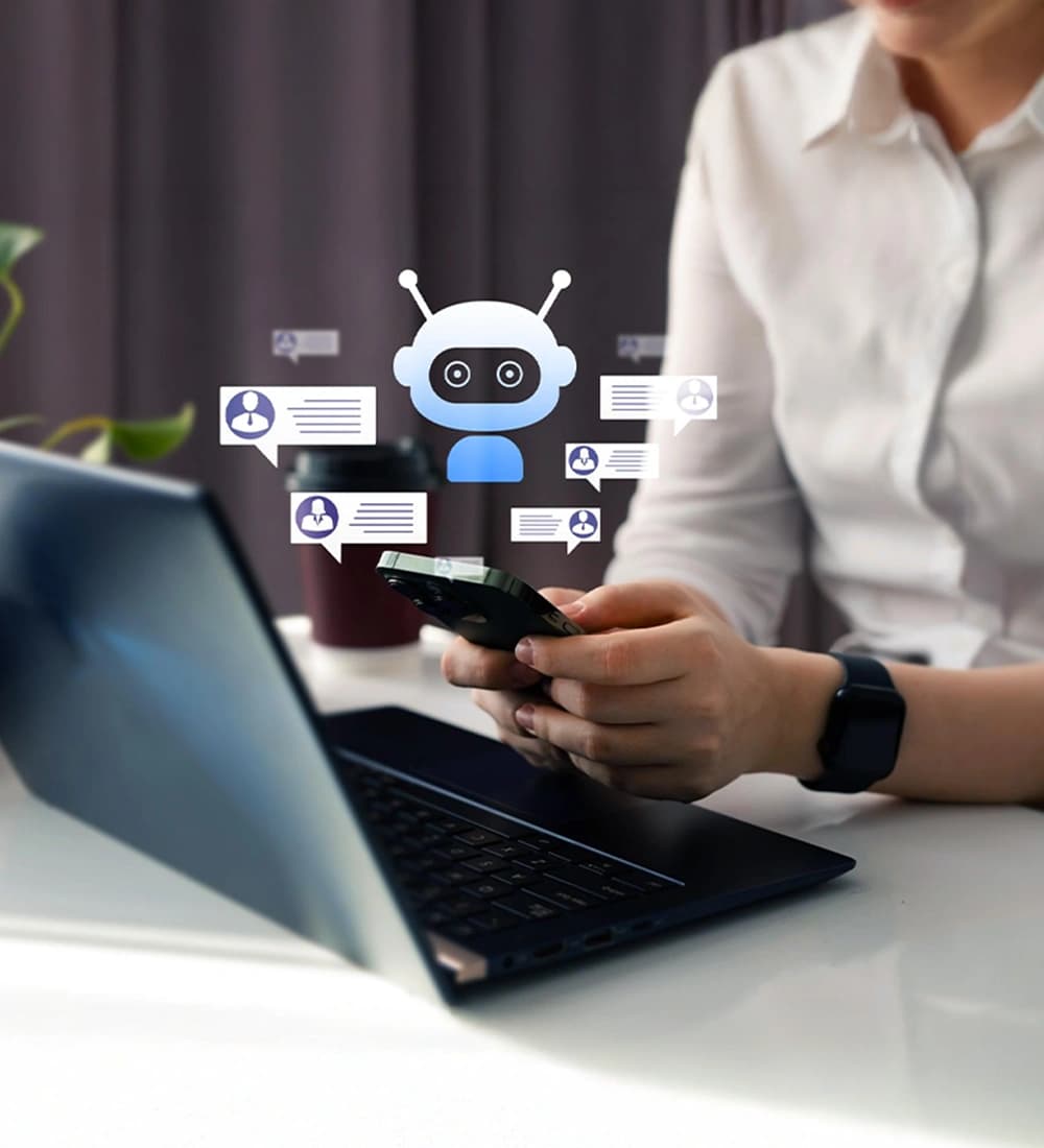 Professional reviewing AI-powered insights on a laptop