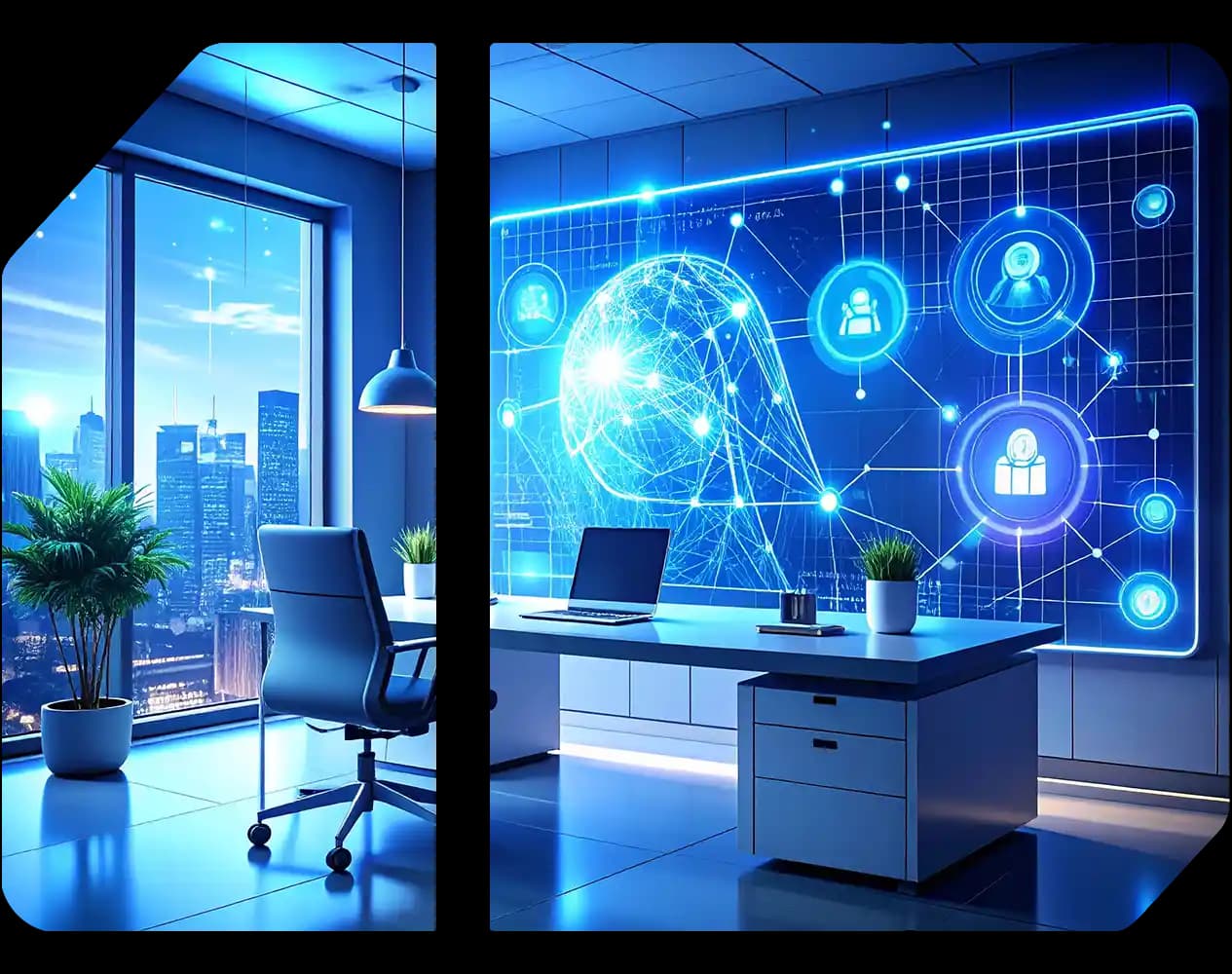 A modern office with a city view beside a screen visualizing an AI network