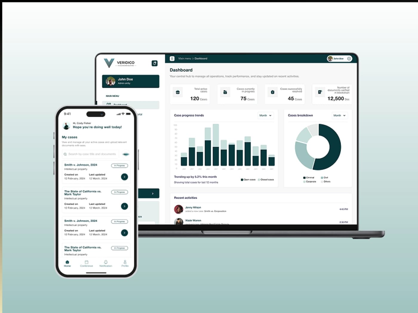 Veridico blockchain document verification platform on laptop and phone